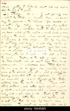 Beschreibt ein Besuch der Wasserfälle in den Catskills. Transkription: Stream, um palenville über eine halbe Stunde, bevor der Rest der Partei. 29. Freitag. Alle in einem großen Warenkorb, aus früh für einen Besuch der Fälle, über Mountain House, unser Fahrer, der Interpret auf der 'dulinner' vor beschrieben. Während wir entlang ratterten, reden, lachen und essen Äpfel (von denen es war ein Substrat unter dem Stroh der Warenkorb) unser Fahrer hob "die Post"? Ein kleines Bündel Briefe? Liegen in der Straße. Irgendein Kreislauf war notwendig, um in der Folge der zerbrochenen Brücken gerendert. Der Tag wird gut, die Luft Stockfoto