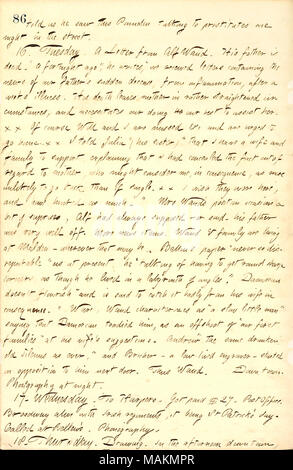 Beschreibt einen Brief von Alfred Waud über den Tod seines Vaters. Transkription: [Fitz James O'Brien] sagte uns, er sah dieses Pounden sprechen zu Prostituierten eine Nacht auf der Straße. 16. Dienstag. Ein Brief von Alf Waud. Sein Vater Alfred Waud, Sr.] ist tot. ? ǢA vor vierzehn Tagen? Er schreibt: ?ǣwe erhielt Briefe mit den Nachrichten von unserem Vater?s plötzlichen Ableben von Entzündung, nach einer Woche Krankheit. Sein Tod hinterlässt Mutter [Maria Fitzjohn Waud] in eher gerichtet, und er erfordert unser Tun unser bestes, um ihr zu helfen. x x x x x x x Natürlich werden [Waud] und ich verpasst&c und werden aufgefordert, Stockfoto