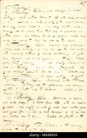 Erwähnt, dass Wilhelm Levison's Tochter Ellen hat Scharlach. Transkription: [6. Dienstag bis 7. Mittwoch] Office; und abends in-Türen schreiben. Ein weiteres Schreiben an Alf [Waud] mit $ 2 für Holz in gesendet wurde. [William] Levison?s Kind [Ellen] Levison krank der Scharlach ist. Er?s sehr unsicher. I?m sorry für die Menschen und wissen gleichzeitig, dass er in einer anderen Person erschien, seine extreme Angst vor Infektion würde ihm Angst, aus dem Haus zu haben?em gemacht haben. 8. Donnerstag. Büro, am Morgen und am Nachmittag. Und Sickish headachy, I?ve für die letzte Woche gewesen, mit Oc Stockfoto