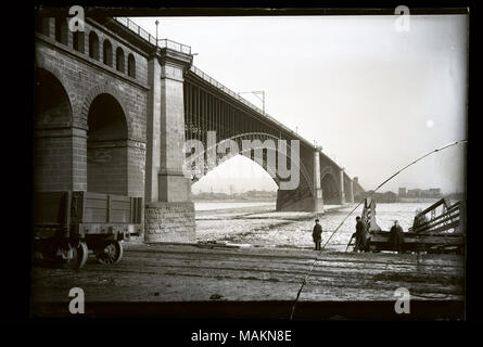 Horizontal, schwarz-weiß Foto zeigt die Eads Bridge während das Einfrieren der Mississippi River im Januar 1887. Die Brücke verläuft durch die Mitte des Bildes, von der linken Seite in die Ferne. Eisbrocken Füllen des Flusses unter der Brücke. Mehrere Männer stehen auf dem Deich in der rechten unteren Ecke. Titel: Eads Bridge im Januar 1887 Einfrieren des Mississippi River. . Januar 1887. Stockfoto