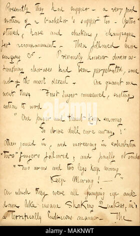 Beschreibt ein Abend mit Charley Moorhouse und anderen in Ihren Boarding House verbracht. Transkription: Derzeit hatten sie Abendmahl? Eine sehr gute Vorstellung von einem Bachelor?s Abendessen auch. Austern geschmort, Hasen und Hühner, Champagner für die Begleitung. Dann folgten mehr Singen & C. Zuvor jedoch Taucher erstaunliche Chöre hatten begangen worden, einige nicht sehr anständig. Eine malerische eine schwache so. Erste Sänger begonnen, passend zu Wort? ǣOne Daumen und Finger in Bewegung bleiben dull Care, weg zu fahren! ? Andere schlossen sich an, in einem Schreiben? ǣtwo? Finger folgte, und schließlich ist Reak Stockfoto