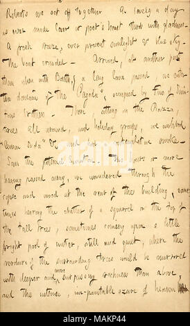 Beschreibt eine Reise nach Staten Island mit William Roberts. Transkription: [William] Roberts wir zusammen als ein schöner Tag als jemals Geliebten oder Dichter? s Herzklopfen mit Freuden. Eine frische Brise, überhaupt vorhanden Sonne und blauen Himmel. Das Boot voll. ankamen, (an einem anderen Port als mit [William] Barth,) eine lange Allee vorbei, wir geben Sie die Domäne des? ǣthe Pagode?, von zwei [Alfred] Swintons Brüder belegt. Es sitzt auf der Piazza, Bäume rund um, und Gruppen, die wir getrunken? ǣlemon soda? & C und hatte eine kontemplative Rauch. Sah der väterliche Swinton. Zwei oder mehr Stunden vergangen Stockfoto