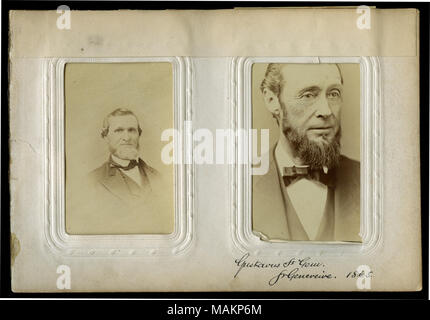 Seite 13 der Album mit Büsten von Archibald Gilbert (links) und Gustavus St. Gemme (rechts). "Gustavus St. Juwel [sic] fr Genevieve. 1865.' (auf dem Album Seite geschrieben). Gilbert war ein Delegierter aus [?] County (18 senatorial Bezirk) an der Missouri State Convention statt an der Kaufmännischen Bibliothek in St. Louis vom 6. Januar bis zum 11., 1865. Gemme war ein Delegierter aus St. Genevieve County (23 senatorial Bezirk) an der Missouri State Convention statt an der Kaufmännischen Bibliothek in St. Louis vom 6. Januar bis zum 11., 1865. Titel: Missouri Verfassungskonvent von 1865 Album Seite mit Archibald Gilber Stockfoto