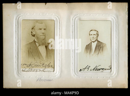 Seite 18 der Album mit brustbild von William F. Switzler (links) und Büste Portrait von Andrew G. Nugent (rechts). "Boone" (auf dem Album Seite geschrieben). Switzler war ein Delegierter aus Boone County (3 senatorial Bezirk) an der Missouri State Convention statt an der Kaufmännischen Bibliothek in St. Louis vom 6. Januar bis zum 11., 1865. Nugent war ein Delegierter aus Jackson County (14 senatorial Bezirk) an der Missouri State Convention statt an der Kaufmännischen Bibliothek in St. Louis vom 6. Januar bis zum 11., 1865. Titel: Missouri Verfassungskonvent von 1865 Album Seite mit William F. Switzler und Stockfoto