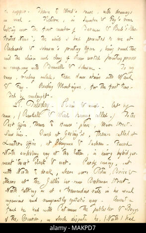 Nennt sich einen Drink mit William Nord, Thomas Picton, und andere. Transkription: zum Abendessen. Von da gen [Edwin A.] Unkraut?s Haus, mit Zeichnungen auf Holz. Zurück; in Swinton & Fay? s Zimmer Blick auf die erste Nummer von [S.T.] Barnum & [A.E.] Strand?s?ǣIllustrated Nachrichten. ? Die, die ich mir zu Richards & Johnson vorgelegt hatte? s Druckerei; runde gab Mitte der schwirren und Klappern der Dampf arbeitete Druckmaschinen in der Firma mit Bunnell & Johnson. In mein Zimmer, eine Weile lesen, dann Treppen mit [Alfred] Waud & [Augustus] Fay. [Lesen] Michel De Montaigne, zum ersten Mal. Bett Stockfoto