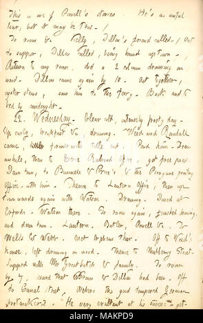 Erwähnungen erhalten eine Freikarte für den New York und Erie Railroad. Transkription: Dies ist einer der [Thomas] Powell?s Geschichten. Er?s ein furchtbarer Lügner, aber es mag wahr sein. / Zimmer [290 Broadway]&c Kelly, Dillon [Mapother]?s Freund genannt. Zu abendessen, Dillon, gebunden zu sein. Zurück in mein Zimmer, habe 2 Spalte Zeichnung auf Holz. Dillon, kam wieder durch 10. Gemeinsam, Auster, Eintöpfe, sah ihn, zur Fähre. Zurück und um Mitternacht. 22. Mittwoch. Klar, kalten, frostigen Tag intensiv. Früh aufstehen, Frühstück & c, Zeichnung. [Edwin A.] Unkraut und Randall kam, [Wort durchgestrichen] Ehemalige mit Titel geschnitten. Stockfoto