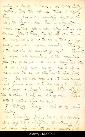 Beschreibt Abschied bieten zu Feld und John gotch auf der peytona vor Ihrer Abreise nach Australien. Transkription: Aufruf für [Joseph H.] Hell & [Charles] Braun, alle an die Batterie zusammen; es nahm Boot und [Alfred] Waud & Hell Rudern, eine Stunde oder so?s mäandernden brachte uns auf die Seite der? ǣPeytona,? In dem Feld war auf der Suche nach uns. An Bord und es fast eine Stunde, über uns suchen. Eingeführt [Johannes] Gotch Feld an, die Sie sowohl in diesem Gefäß, das Zwischendeck war, (wie überhaupt der Fall am Vorabend einer Reise, düster und voller Kisten und Einzelpersonen. Feld Stockfoto