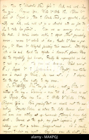 Beschreibt einen Besuch des Crystal Palace mit Preis. Transkription: Selbst, dann zu? ǣIllustrated News Office. ? Zurück und Arbeiten. Die Stadt wieder. Picayune Office, Wells & Webb & C. Rücksendungen & gegessen Erford?s, dann zum Strand Street, da ernannt. Aber Lotty [Kidder] war krank und konnte nicht gehen, wie es mit mir für die Sonne, ihr Porträt zu nehmen. Es war eine amüsante Szene in der Halle. Eine bestimmte Grenze, ohne Zahlung der rückständigen, carman und Fahrzeug an der Tür abzuweichen; Trunks & Boxen in Passage, & [Moses] [Johannes] Morse & Whytal ihre Beseitigung verbieten. Wenig Whytal sate auf Box und das De getrotzt Stockfoto