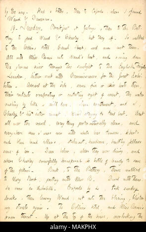 Beschreibt ein Besuch in der britischen Schiff, Leander. Transkription: Durch die Art und Weise. Hatten ein Baden, dann auf Erfords, wo ich gefunden [Alfred] Waud & [Charles] Damoreau. 19. Sonntag. Frühstück in der gänschen, dann auf die Batterie zu Waud & Charley finden, aber Sie aus. So ging an der Collins Hotel, Canal Street; und alsbald stieß. Alle mit Miss [Emma] Brown in Waud?s Boot und Rudern auf dem herrlichen Fluss durch die Sonneneinstrahlung auf die englische Fregatte Leander, her mit den Kommissionsmitgliedern für die Große Ausstellung gesandt. An der Seite angekommen, etwa fünf oder sechs Boote gibt, deren Inhalt crociferating oder Anfechtung r Stockfoto