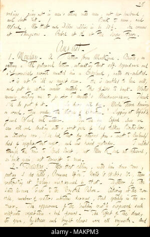 Erwähnungen der plötzliche Tod von Restaurant Besitzer, Erford, und beschreibt einen Besuch des Crystal Palace in New York mit Henry Hart. [Maske] Radings, Ausgehen in den Männern?s Kleidung mit Männern, nicht ihr Ehemann, und was nicht. / Zurück zum Zimmer, und [Alfred] Waud, Herr [Henry] Hart und Dillon [Mapother] Aufruf von 10 1/2. Eis in Thompsons. Bei 12 am Jersey Fähre Parted. August. / 1. Montag. Ein Brief von Mackinac. [William] Barth, auf dem Erhalten eines kalten väterlichen Brief, andeutend, daß Self-dependance und einen möblierten Garret erwartete ihn in England; hat wieder gewonnen. Es ist nicht so schlecht wie scheinen mag. Er ist Stockfoto
