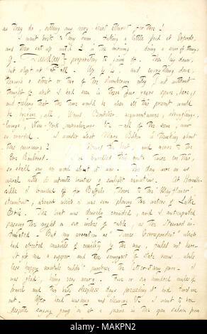 Beschreibt seine Reise von Eisenbahn und der steamboat Mayflower am Erie See. Transkription: wie Sie, mein Herz dürstete für Dich [Charlotte Whytal Kidder] Einstellung! Ich ging in mein Zimmer zurück, wobei ein wenig Essen bei Erfords, und setzte sich dann bis 2 Uhr morgens, eine Bewertung der Dinge. . 9. Dienstag. . . Vorbereitung zu gehen. Dann legen Sie sich hin, aber nicht geschlafen. Bis um 4, und alles, was unten, durch ein oder zwei Straßen von der schlummernde Stadt, (nicht ohne Gedanken an das, was ich in diesen vier Jahren Platz gesehen hatten, hier ;) und das Gefühl, die Zeit wäre, wenn all diese präsentieren würde byegone, al Stockfoto