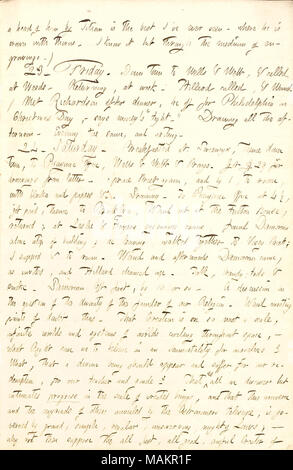 Beschreibt ein philosophisches Gespräch über Religion mit Alfred Waud am Heiligabend Transkription: ein Kopf von ihm von Tizian ist der Beste, den ich je gesehen haben? Wo er ist, Krone mit Dornen. Ich weiß, es aber durch das Medium der Gravuren.) 23. Freitag. Die Stadt zu Brunnen & Webb, & [Edwin] Unkräuter genannt. Rückgabe, bei der Arbeit. [Frank] Hillard genannt, & [Alfred] Waud. /Met [Joseph] Richardson nach dem Abendessen, er weg für Philadelphia am Weihnachtstag,? Sagt Geld?s?ǣtight. ? Zeichnung alle am Nachmittag. Abend das Gleiche, und schreiben. 24. Samstag. Gefrühstückt an Sweeneys, von dort in die Stadt, zu Picayune Stockfoto