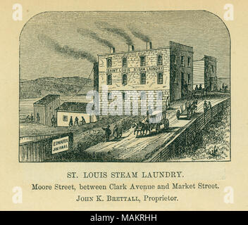 Von: Edwards, Richard und M. in Hopewell. Edwards Great West und Ihre kommerzielle Metropole, eine allgemeine Ansicht des Westens, und eine komplette Geschichte von St. Louis. St. Louis: Das Amt des Edwards monatlich, eine Zeitschrift des Fortschritts, 1860. Titel: 'St. Louis Dampf Wäscheservice. Moore Street, zwischen Clark Avenue und Market Street. John K. Brettall, Inhaber.". 1860. Stockfoto