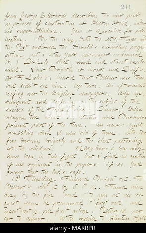 Erwähnt einen Brief von George Edwards, Jr., die er der Evening Post zur Veröffentlichung gegeben hat. Titel: Thomas Butler Gunn Tagebücher: Band 18, Seite 233, 17. Februar 1862. 17. Februar 1862. Gunn, Thomas Butler, 1826-1903 Stockfoto