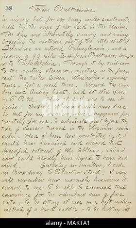 In Bezug auf die Fahrt von Baltimore nach New York. Titel: Thomas Butler Gunn Tagebücher: Band 20, Seite 46, 5. Juni 1862. 5. Juni 1862. Gunn, Thomas Butler, 1826-1903 Stockfoto
