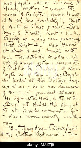 Erwähnt ein Gerücht, dass General Butler wurde von Bouligny in Washington ermordet. Titel: Thomas Butler Gunn Tagebücher: Band 22, Seite 67, 11. Februar 1863. 11. Februar 1863. Gunn, Thomas Butler, 1826-1903 Stockfoto