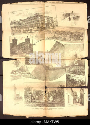 Zeitung Ausschnitt mit Gravuren, die verschiedene Szenen der Großen Brand in St. Augustine, Florida. Titel: Thomas Butler Gunn Tagebücher: Band 22, Seite 216, 14. April 1887 [Zeitung Ausschnitt]. 14. April 1887. Gunn, Thomas Butler, 1826-1903 Stockfoto