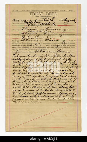 Trust Deed, Firmin Desloge, Trusteee, St. Francois County. Darlehen zu Henry C. Aberle und Frau Seria Aberle durch Desloge führen Unternehmen in Höhe von $ 50,00, Zinsen von 10 Trust Deed unterzeichnet Henry C. Aberle und Seria Aberle, August 6, 1885. 6. August 1885. Aberle, Henry Stockfoto