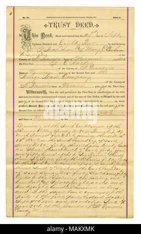 Kredit durch Desloge führen Unternehmen G.G. Buchanan und Frau Mary E. Buchanan in der Höhe von $ 1,148.75, Zinsen in Höhe von 8 ca. 143 Morgen in St. Francois County. Titel: Trust Deed, George E. Walker, Treuhänder, unterzeichnete G.G. Buchanan, Mary E. Buchanan, George E. Walker, St. Francois County, 21. September 1882. 21. September 1882. Buchanan, G.G. Stockfoto