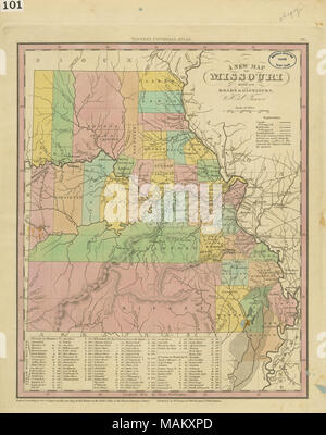 Graviert Karte von Missouri mit schwarzer Tinte auf weißem Papier; County Bereichen handkoloriert in Gelb, Grün, Rosa und Orange. Pencil Notation '2d Kopieren' in der oberen rechten Ecke. Über Kanäle, Eisenbahnen, und Hauptstraßen. Enthält Tabelle: Dampfschiff routen. Titel: Eine neue Karte von Missouri, mit seinen Straßen und Wege. [Version mit Grafschaft Bereiche handkoloriert in Gelb, Grün, Rosa und Orange. Pencil Notation '2d Kopieren' in der oberen rechten Ecke..]. 1833. Tanner, Henry S. Stockfoto