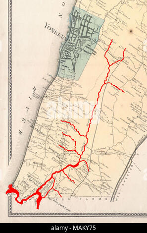 Das ist die knappe Yonkers Blatt aus Biere? 1867 Atlas der Westchester County, New York, mit modernen Yonkers und westlichen Bronx. Rot hervorgehoben sind die Kurs- und verschiedenen Nebenflüsse der Tibbetts Bach und Spuyten Duyvil Creek, die einst die Bronx und Manhattan Insel getrennt. . 1867. Http://www.geographicus.com/mm5/cartographers/beers.txt (Karte) Tdorante 10 (Hervorhebung der Fluss) Stockfoto