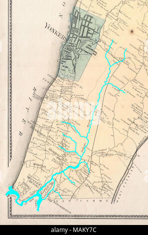 Das ist die knappe Yonkers Blatt aus Biere? 1867 Atlas der Westchester County, New York, mit modernen Yonkers und westlichen Bronx. Blau hervorgehoben sind die Kurs- und verschiedenen Nebenflüsse der Tibbetts Bach und Spuyten Duyvil Creek, die einst die Bronx und Manhattan Insel getrennt. . 1867. Http://www.geographicus.com/mm5/cartographers/beers.txt (Karte) Tdorante 10 (Hervorhebung der Fluss) Stockfoto