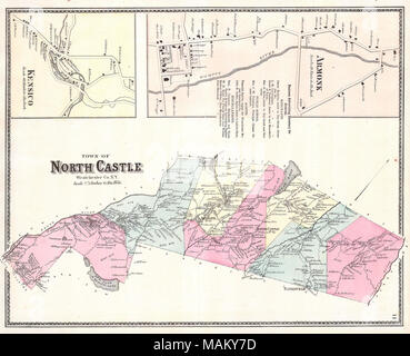 . Englisch: Dieses knappen Handcolorierte Karte ist eine lithografischen Gravur von Norden Schloss, Westchester, New York. Karte zeigt die Westchester Städte und die Stadt umgebenden Armonk, New Castle, Banksville und Kensico. Die außerordentliche Detail dieser Karte, bis hin zu einzelnen Haushalten mit Familie Namen, machen Sie eine faszinierende Studie für die Familie Forscher oder Historiker. Es gibt Kartenausschnitte, Armonk und Kensico in noch größerem Detail. . Stadt Norden schloss Westchester Co.N.Y.. 1867 Stockfoto