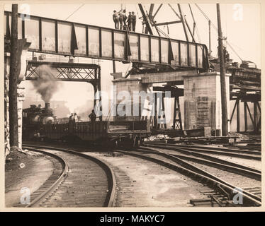 Horizontal, schwarz-weiß Foto von Arbeitnehmern stehen auf einem Gestell aus Stahl als Dampfmaschine mit Arbeiter unter. Titel: Arbeiter stehen auf Bock als Zug unter in unbekannte Bahn hof. . Ca. 1900. Swekosky, William G., 1895-1964 Stockfoto