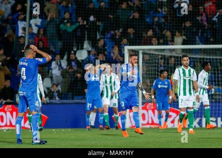 Antunes von Getafe während der Santander Liga (Liga) Match auf Butarque Stadion, Getafe, Madrid, Spanien gespielt, zwischen Getafe CF traurig und Real Betis Balompie, Apr 2 2018 beklagen. Foto: Oscar J. Barroso/AFP 7 Cordon drücken Sie Stockfoto