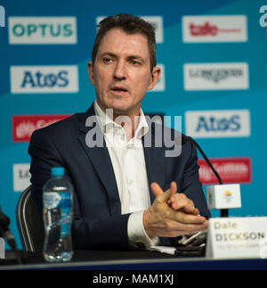 BROADBEACH - AUSTRALIEN 3. APRIL 18: Dale Dickson, CEO von Gold Coast nimmt an der täglichen Pressekonferenz im Pressezentrum für die 2018 Commonwealth Games, Broadbeach, Gold Coast, Australien auf den 3. April 2018 Credit: Gary Mitchell, GMP-Media/Alamy leben Nachrichten Stockfoto