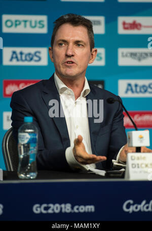 BROADBEACH - AUSTRALIEN 3. APRIL 18: Dale Dickson, CEO von Gold Coast nimmt an der täglichen Pressekonferenz im Pressezentrum für die 2018 Commonwealth Games, Broadbeach, Gold Coast, Australien auf den 3. April 2018 Credit: Gary Mitchell, GMP-Media/Alamy leben Nachrichten Stockfoto