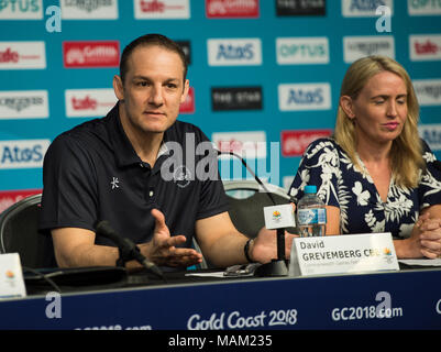 BROADBEACH - AUSTRALIEN 3. APRIL 18: David Grevemberg nimmt an der täglichen Pressekonferenz im Pressezentrum für die 2018 Commonwealth Games, Broadbeach, Gold Coast, Australien auf den 3. April 2018 Credit: Gary Mitchell, GMP-Media/Alamy leben Nachrichten Stockfoto