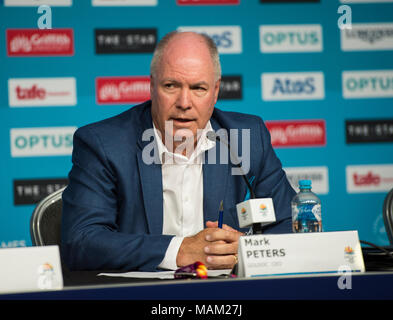 BROADBEACH - AUSTRALIEN 3. APRIL 18: Mark Peters Geschäftsführer der Commonwealth Games Corporation nimmt an der täglichen Pressekonferenz im Pressezentrum für die 2018 Commonwealth Games, Broadbeach, Gold Coast, Australien auf den 3. April 2018 Credit: Gary Mitchell, GMP-Media/Alamy leben Nachrichten Stockfoto