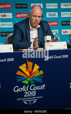 BROADBEACH - AUSTRALIEN 3. APRIL 18: Mark Peters Geschäftsführer der Commonwealth Games Corporation nimmt an der täglichen Pressekonferenz im Pressezentrum für die 2018 Commonwealth Games, Broadbeach, Gold Coast, Australien auf den 3. April 2018 Credit: Gary Mitchell, GMP-Media/Alamy leben Nachrichten Stockfoto