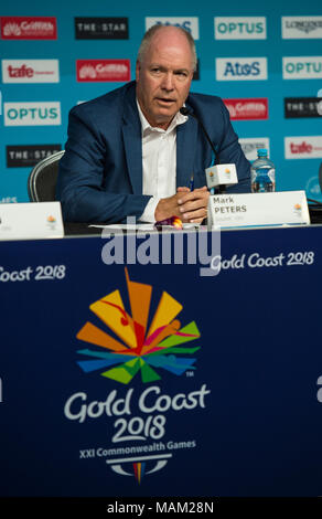 BROADBEACH - AUSTRALIEN 3. APRIL 18: Mark Peters Geschäftsführer der Commonwealth Games Corporation nimmt an der täglichen Pressekonferenz im Pressezentrum für die 2018 Commonwealth Games, Broadbeach, Gold Coast, Australien auf den 3. April 2018 Credit: Gary Mitchell, GMP-Media/Alamy leben Nachrichten Stockfoto