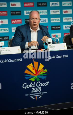 BROADBEACH - AUSTRALIEN 3. APRIL 18: Mark Peters Geschäftsführer der Commonwealth Games Corporation nimmt an der täglichen Pressekonferenz im Pressezentrum für die 2018 Commonwealth Games, Broadbeach, Gold Coast, Australien auf den 3. April 2018 Credit: Gary Mitchell, GMP-Media/Alamy leben Nachrichten Stockfoto