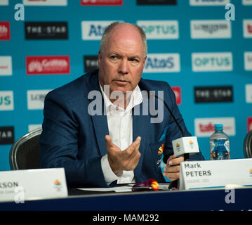 BROADBEACH - AUSTRALIEN 3. APRIL 18: Mark Peters Geschäftsführer der Commonwealth Games Corporation nimmt an der täglichen Pressekonferenz im Pressezentrum für die 2018 Commonwealth Games, Broadbeach, Gold Coast, Australien auf den 3. April 2018 Credit: Gary Mitchell, GMP-Media/Alamy leben Nachrichten Stockfoto
