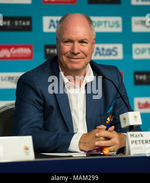 BROADBEACH - AUSTRALIEN 3. APRIL 18: Mark Peters Geschäftsführer der Commonwealth Games Corporation nimmt an der täglichen Pressekonferenz im Pressezentrum für die 2018 Commonwealth Games, Broadbeach, Gold Coast, Australien auf den 3. April 2018 Credit: Gary Mitchell, GMP-Media/Alamy leben Nachrichten Stockfoto