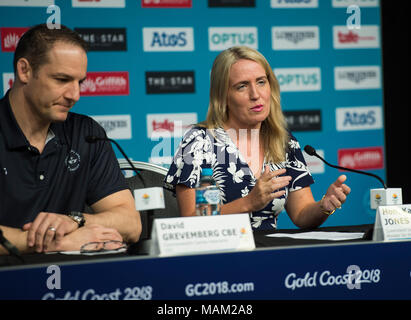 BROADBEACH - AUSTRALIEN 3. APRIL 18: Die Hon Kate Jones MP 016 Minister für die Commonwealth Games nimmt an der täglichen Pressekonferenz im Pressezentrum für die 2018 Commonwealth Games, Broadbeach, Gold Coast, Australien auf den 3. April 2018 Credit: Gary Mitchell, GMP-Media/Alamy leben Nachrichten Stockfoto