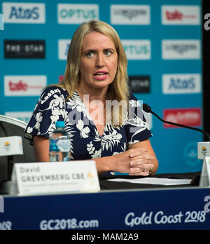 BROADBEACH - AUSTRALIEN 3. APRIL 18: Die Hon Kate Jones MP 016 Minister für die Commonwealth Games nimmt an der täglichen Pressekonferenz im Pressezentrum für die 2018 Commonwealth Games, Broadbeach, Gold Coast, Australien auf den 3. April 2018 Credit: Gary Mitchell, GMP-Media/Alamy leben Nachrichten Stockfoto