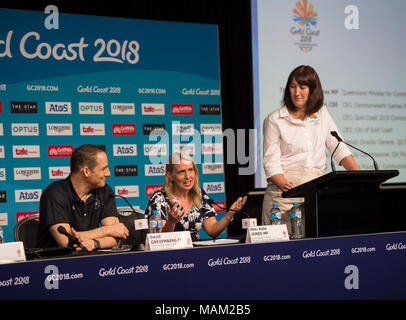 BROADBEACH - AUSTRALIEN 3. APRIL 18: Die Hon Kate Jones MP 016 Minister für die Commonwealth Games nimmt an der täglichen Pressekonferenz im Pressezentrum für die 2018 Commonwealth Games, Broadbeach, Gold Coast, Australien auf den 3. April 2018 Credit: Gary Mitchell, GMP-Media/Alamy leben Nachrichten Stockfoto