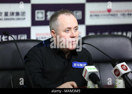 Beijin, Beijin, China. 3 Apr, 2018. Peking, China, 3. April 2018: Scottish Professional snooker player John Higgins besucht eine Pressekonferenz nach einer Partie Snooker China Open 2018 in Peking. Credit: SIPA Asien/ZUMA Draht/Alamy leben Nachrichten Stockfoto
