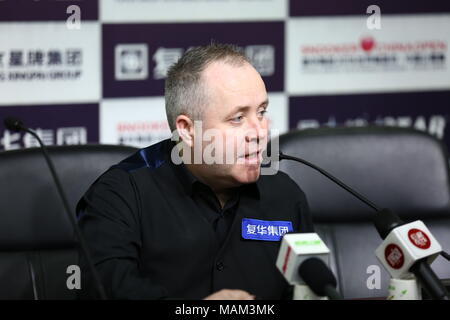 Beijin, Beijin, China. 3 Apr, 2018. Peking, China, 3. April 2018: Scottish Professional snooker player John Higgins besucht eine Pressekonferenz nach einer Partie Snooker China Open 2018 in Peking. Credit: SIPA Asien/ZUMA Draht/Alamy leben Nachrichten Stockfoto