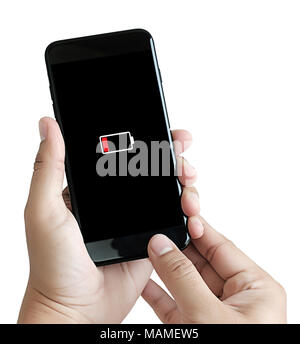 Verwenden von Smart phone Akku schwach geladene Batterie Nahaufnahme der Mann die Hände Stockfoto