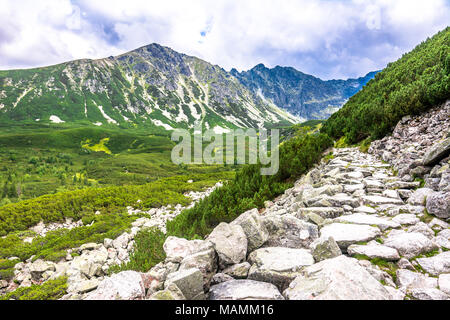 Stein Straße in die Berge, die Landschaft der Wanderweg über grüne Tal und Gebirge führende Stockfoto