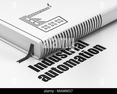 Industrie-Konzept: Buch Industriegebäude, Industrieautomatisierung auf weißem Hintergrund Stockfoto