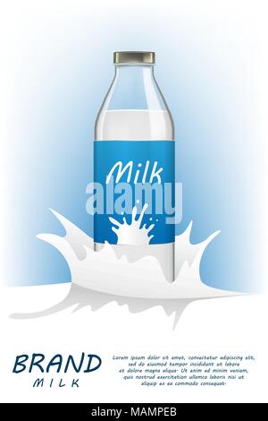 Milchflasche realistische Paket mock up mit Spritzwasser Hintergrund. Gesundes Getränk Glas Flasche mit Milch trinken, für Inserate oder Zeitschrift design. 3D-Vektor Illustration. Stock Vektor