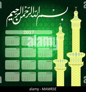 Kalender 2017 mit islamischen Hintergrund und Moschee. Übersetzung von Arabisch Titel wird im Namen Allahs Stock Vektor