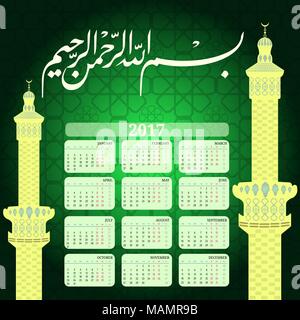 Kalender 2017 mit islamischen Hintergrund und Moschee. Übersetzung von Arabisch Titel wird im Namen Allahs Stock Vektor