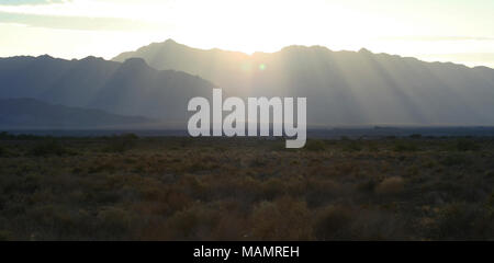 Ash Meadows Sonnenaufgang. Ash Meadows National Wildlife Refuge, Juni 18, 1984, ungefähr 90 Meilen nordwestlich von Las Vegas im Amargosa Valley im Süden von Nye County, Nevada, gelegen. Bisher wurden über 23.000 Hektar Quelle gespeiste Feuchtgebiete und alkalischen Wüste Hochländer, sind durch die US-amerikanischen Fisch und Wildlife Service verwaltet. Die Zuflucht bietet Lebensraum für mindestens 24 Pflanzen und Tiere, die nirgendwo sonst auf der Welt gefunden. Vier Fische und eine Pflanze sind derzeit als stark gefährdet aufgeführt. Diese Konzentration der Indigenen leben unterscheidet Ash Meadows NWR eine stärkere Konzentration der endemischen li Stockfoto